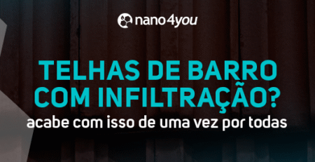 Telhas de barro com sinais de infiltração e o texto “Telhas de barro com infiltração? Acabe com isso de uma vez por todas”.