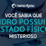 Banner educativo da nano4you com o tema “Você sabia que o vidro possui um estado físico misterioso?”, destacando curiosidades científicas sobre materiais.