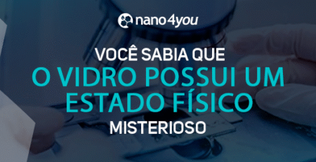 Banner educativo da nano4you com o tema “Você sabia que o vidro possui um estado físico misterioso?”, destacando curiosidades científicas sobre materiais.