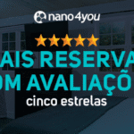 Banner institucional da nano4you com o texto “Garanta mais reservas com avaliações 5 estrelas – transforme a limpeza da sua hospedagem”, sobre fundo de ambiente moderno de hospedagem com estrelas douradas em destaque.