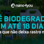 Banner institucional da nano4you destacando que o Bio7 é biodegradável em até 18 dias, com imagem do produto sobre gramado e mensagem sobre limpeza sustentável de baixo impacto ambiental.
