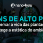 Jardim de alto padrão com vegetação exuberante e arquitetura sofisticada ao fundo, com o texto “Jardins de Alto Padrão . Como preservar a vida das plantas enquanto protege a estética do ambiente” - nano4you.