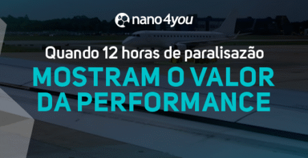 Aeroporto com pista parcialmente interditada e avião ao fundo, com o texto “Quando 12 horas de paralisação mostram o valor da performance” e logo da nano4you centralizado no topo.