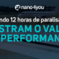 Aeroporto com pista parcialmente interditada e avião ao fundo, com o texto “Quando 12 horas de paralisação mostram o valor da performance” e logo da nano4you centralizado no topo.