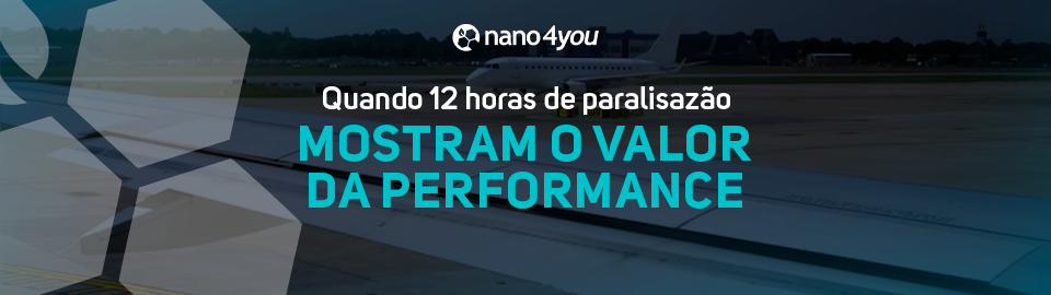Aeroporto com pista parcialmente interditada e avião ao fundo, com o texto “Quando 12 horas de paralisação mostram o valor da performance” e logo da nano4you centralizado no topo.