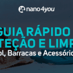 magem com o título “O Guia Rápido de Proteção e Limpeza – Guarda-Sol, Barracas e Acessórios de Praia”, ao fundo itens de praia posicionados na areia.