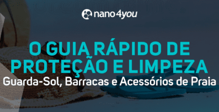 magem com o título “O Guia Rápido de Proteção e Limpeza – Guarda-Sol, Barracas e Acessórios de Praia”, ao fundo itens de praia posicionados na areia.