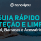 magem com o título “O Guia Rápido de Proteção e Limpeza – Guarda-Sol, Barracas e Acessórios de Praia”, ao fundo itens de praia posicionados na areia.