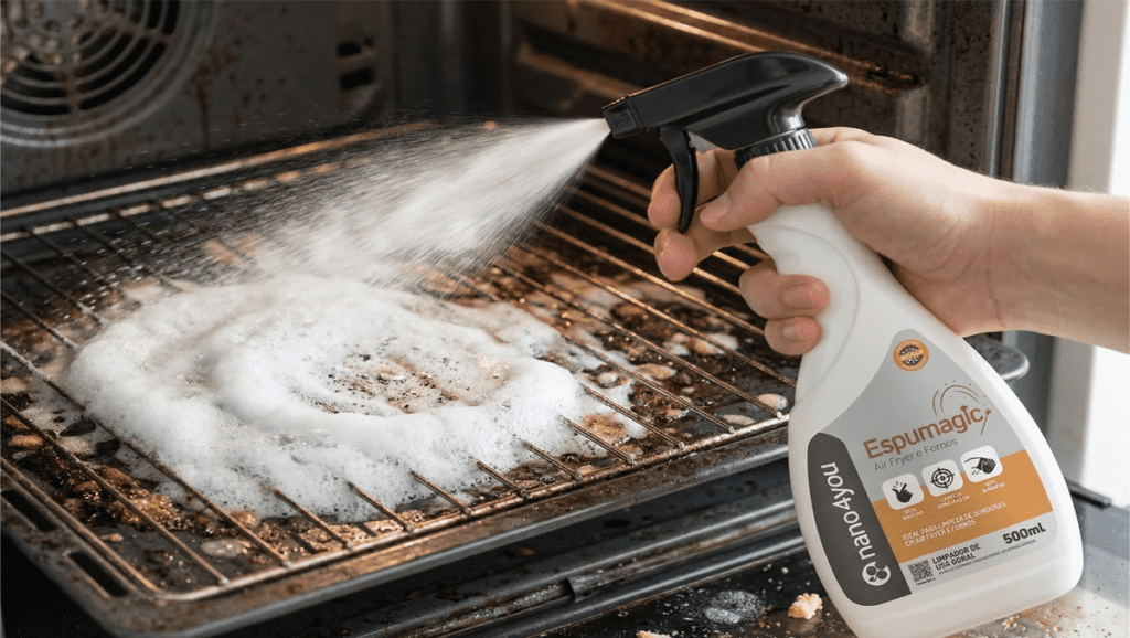 Produto Espumagic sendo usado em uma grelha de airfryer