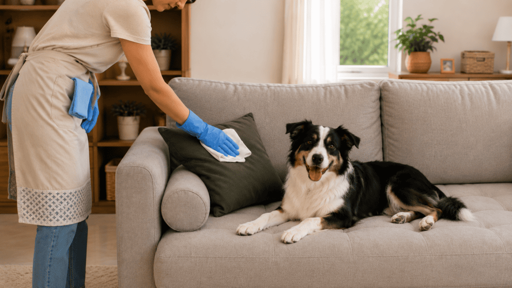 Pessoa limpando almofada do sofá com cachorro feliz ao lado sentado no sofá
