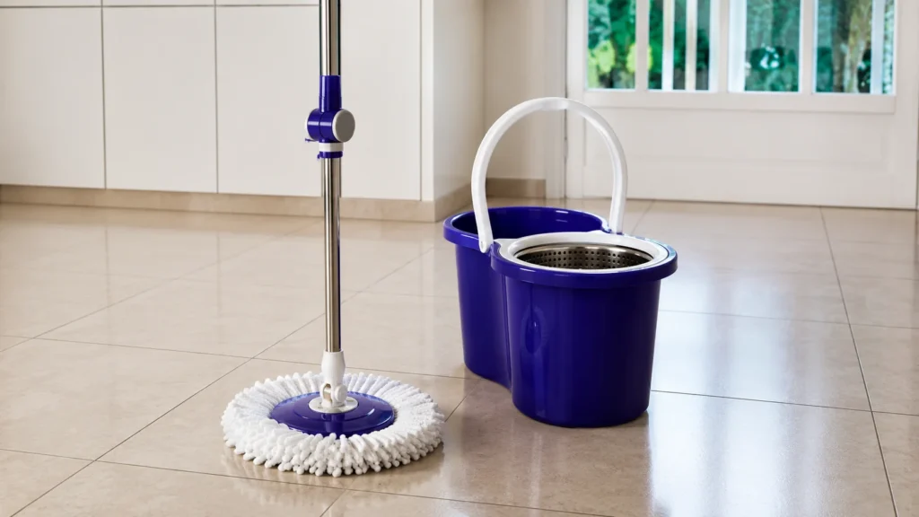 Sala de estar com esfregão e balde azul